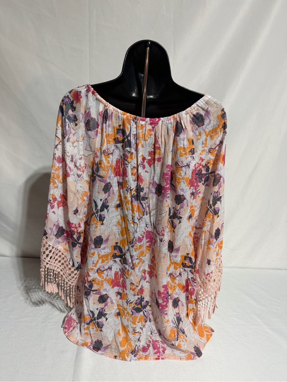 Cato Boho Floral Peasant Blouse Crochet Lace Hem Tassels Long Sleeve Tunic XL - Picture 9 of 16